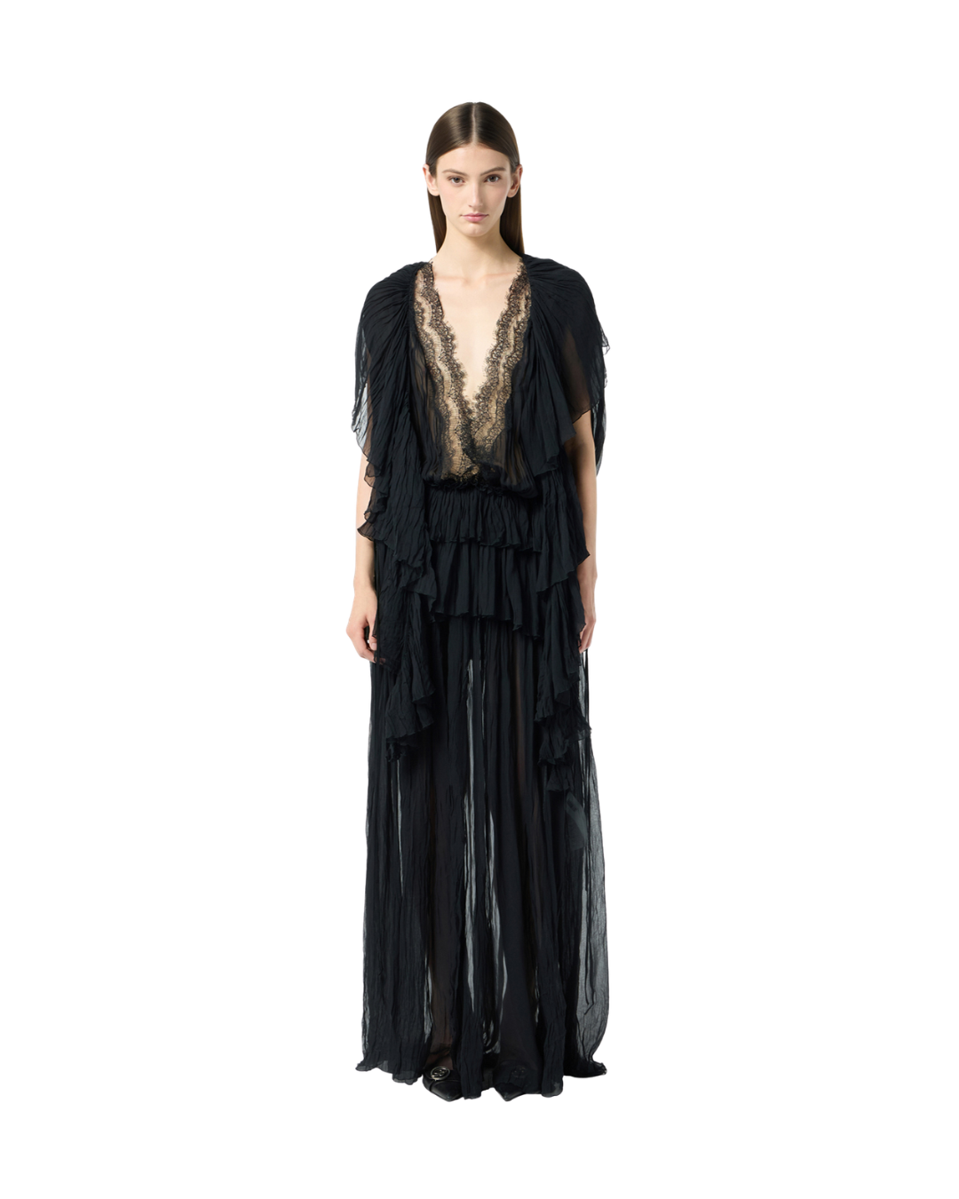 Long Pleated Georgette Dress With Lace Insert