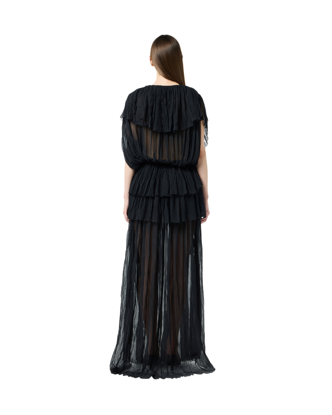 Long Pleated Georgette Dress With Lace Insert