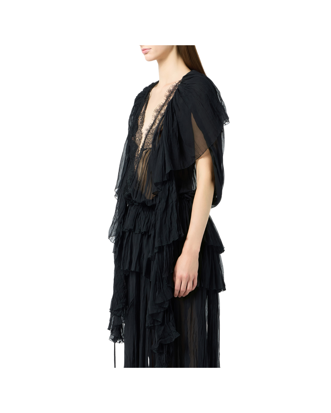 Long Pleated Georgette Dress With Lace Insert