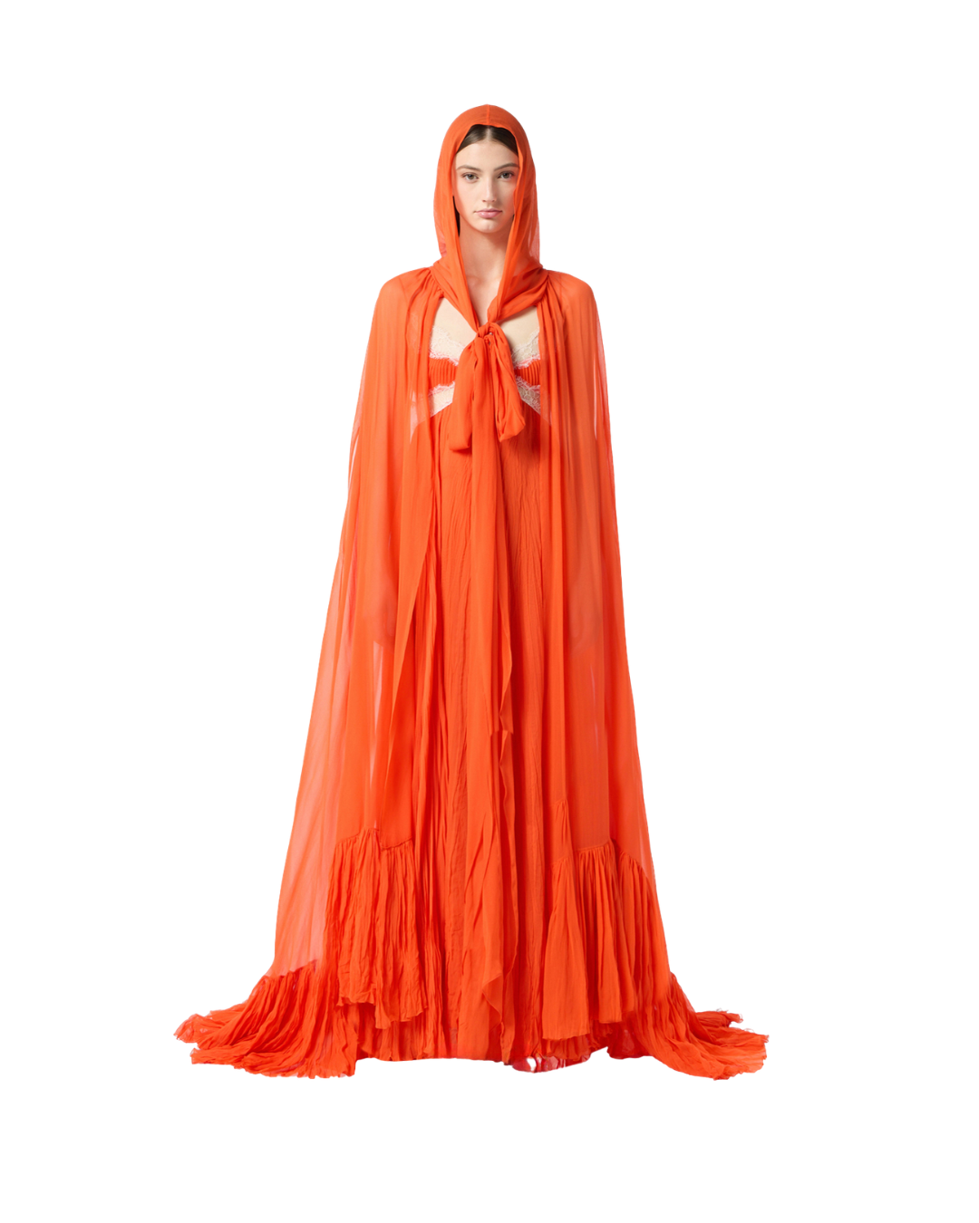 Long Pleated Georgette Dress With Lace Inserts