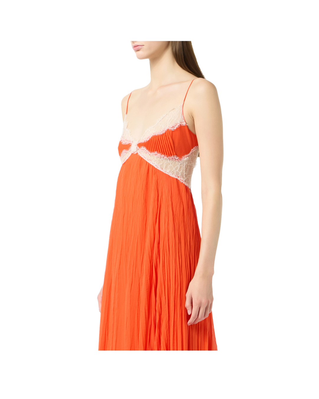 Long Pleated Georgette Dress With Lace Inserts