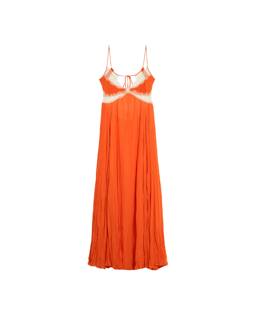Long Pleated Georgette Dress With Lace Inserts